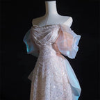 Modest A Line Off The Shoulder Pink Sequin Long Floor Length Pearls Prom Dress