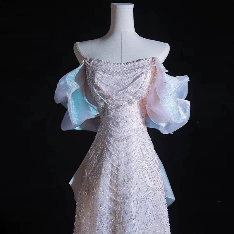 Modest A Line Off The Shoulder Pink Sequin Long Floor Length Pearls Prom Dress