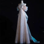 Modest A Line Off The Shoulder Pink Sequin Long Floor Length Pearls Prom Dress