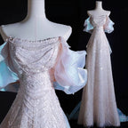 Modest A Line Off The Shoulder Pink Sequin Long Floor Length Pearls Prom Dress