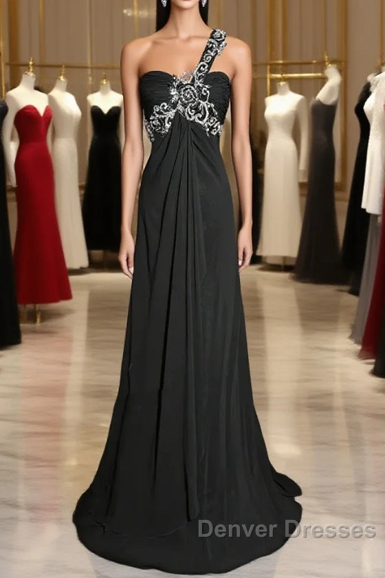 Modest A Line One Shoulder Gray Chiffon Long Prom Dress Party Dress Main image