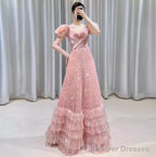 Modest A Line Pink Short Sleeves Sequin Ruffles Long Prom Dresses Pp1007