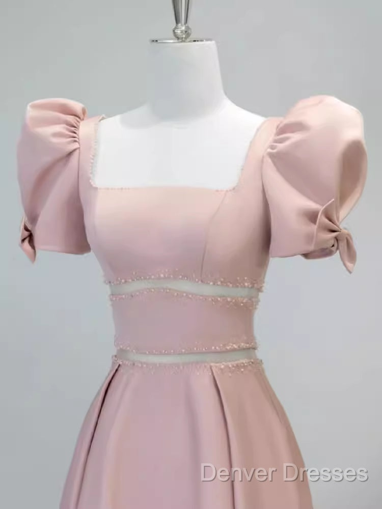 Modest A Line Short Sleeves Long Pink Prom Dress