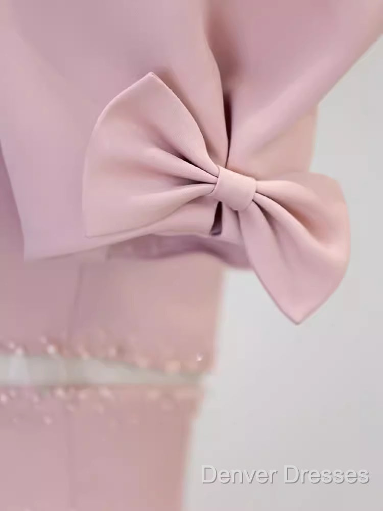 Modest A Line Short Sleeves Long Pink Prom Dress