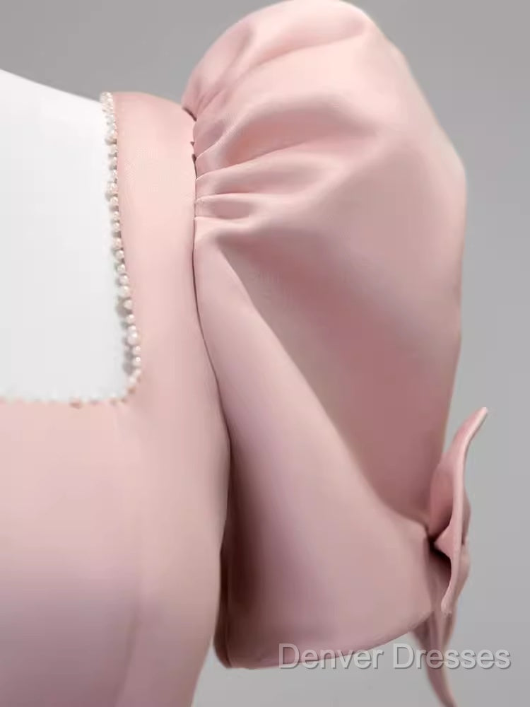 Modest A Line Short Sleeves Long Pink Prom Dress