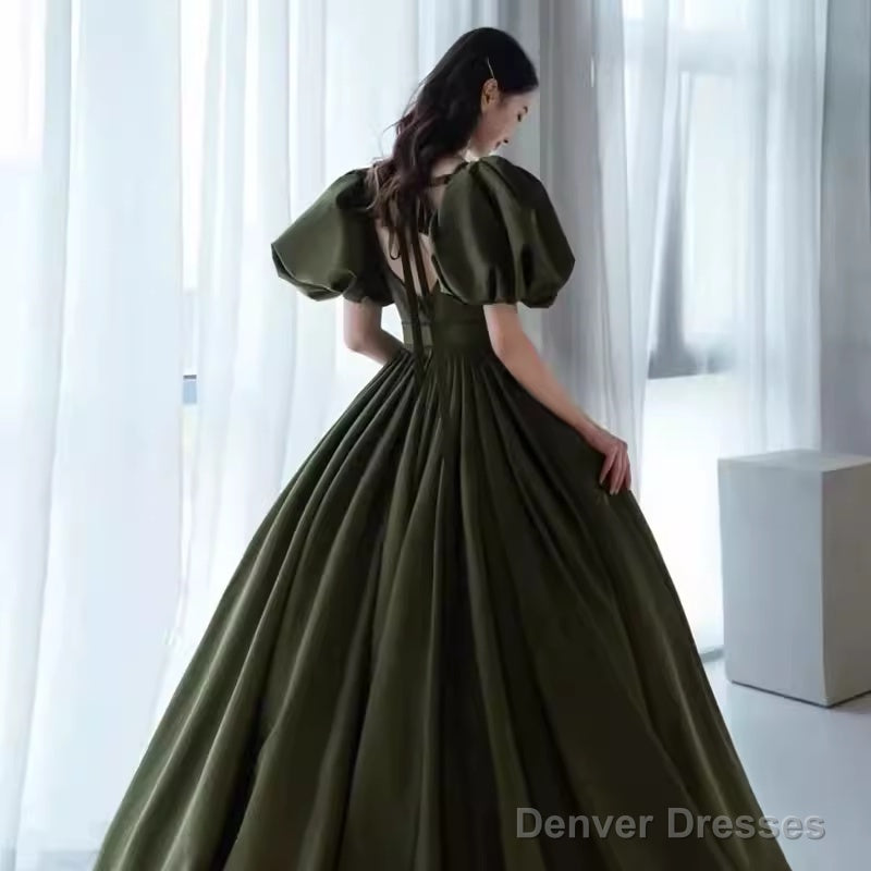 Modest A Line Short Sleeves Long Senior Green Prom Dress Formal Dress