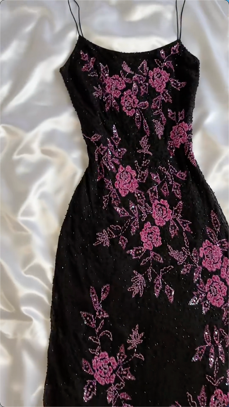 Modest A Line Spaghetti Straps Black Sequin Prom Dress Formal Dress With Flower Beads Secondary image