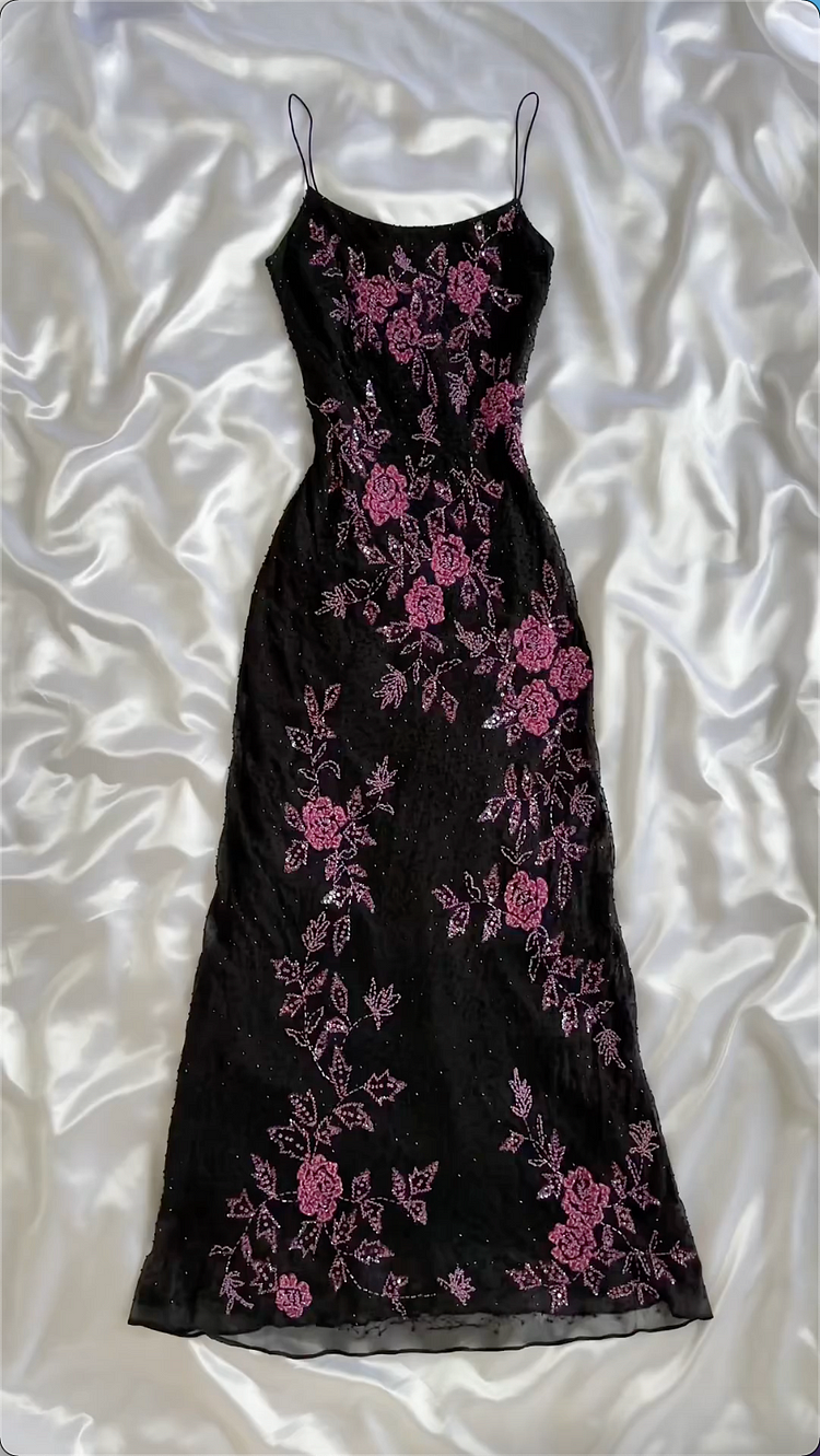 Modest A Line Spaghetti Straps Black Sequin Prom Dress Formal Dress With Flower Beads Main image