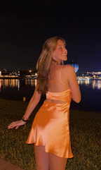 Modest A Line Spaghetti Straps Orange Satin Short Formal 8Th Grade Homecoming Dresses Middle School Semi Mini Formal Hoco Dress Backless Cocktail Outfits