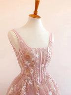 Modest A Line Square Neckline Sleeveless Pink Floral Lace Floor Length Prom Dress