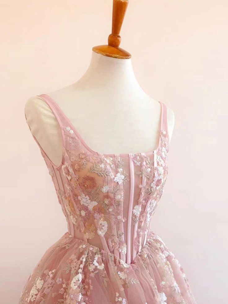Modest A Line Square Neckline Sleeveless Pink Floral Lace Floor Length Prom Dress