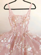 Modest A Line Square Neckline Sleeveless Pink Floral Lace Floor Length Prom Dress