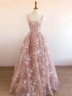 Modest A Line Square Neckline Sleeveless Pink Floral Lace Floor Length Prom Dress
