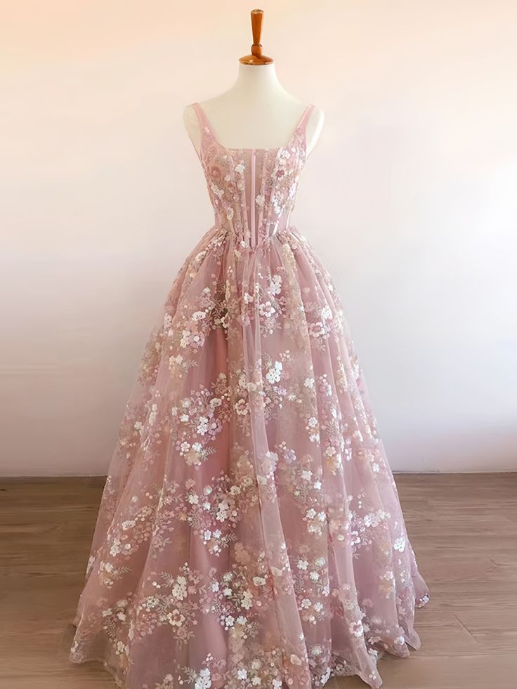 Modest A Line Square Neckline Sleeveless Pink Floral Lace Floor Length Prom Dress