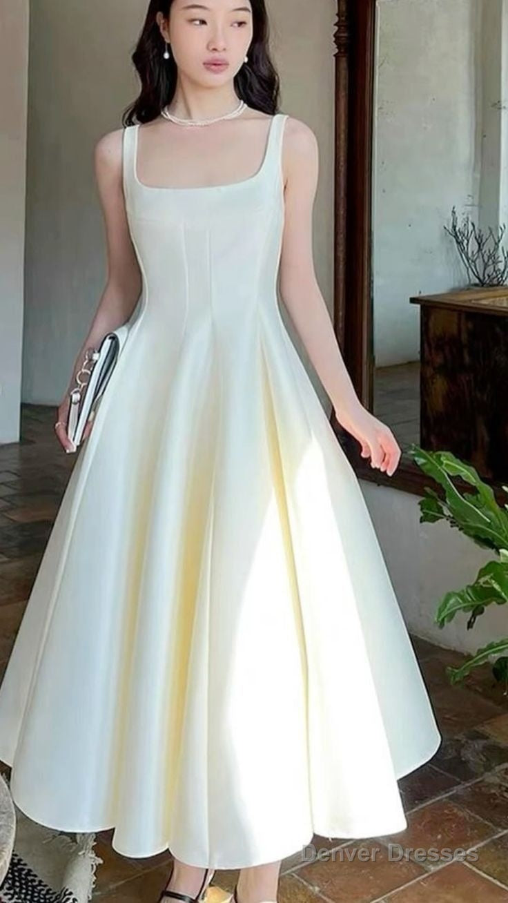 Modest A Line Square Neckline Tea Length Satin Ivory Prom Dresses Birthday Outfits Main image