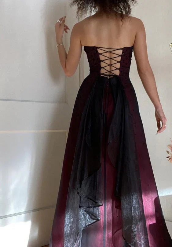Modest A Line Strapless Burgundy Tulle Beads Long Party Dress Prom Dress
