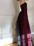 Modest A Line Strapless Burgundy Tulle Beads Long Party Dress Prom Dress