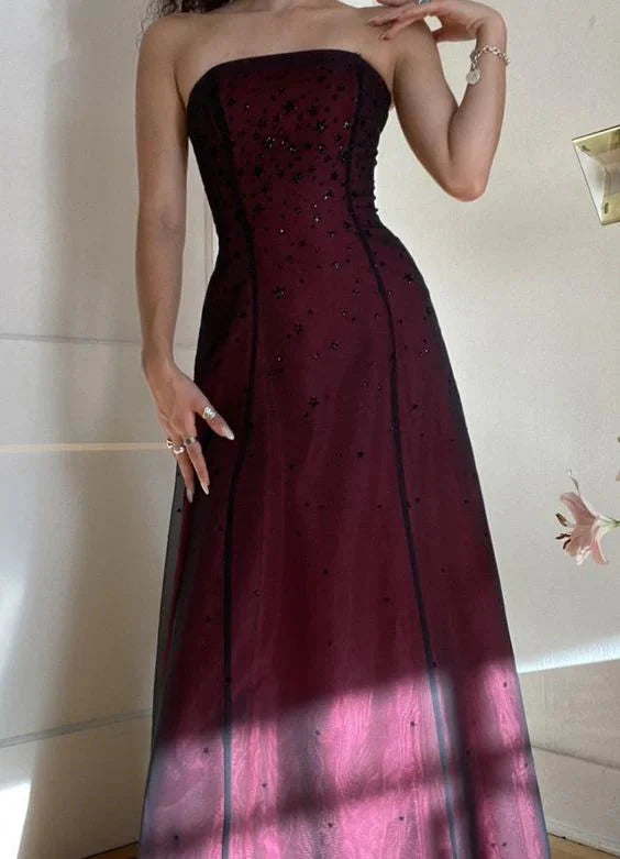 Modest A Line Strapless Burgundy Tulle Beads Long Party Dress Prom Dress