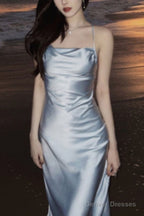 Modest A Line Strapless Light Sky Blue Backless Prom Dress