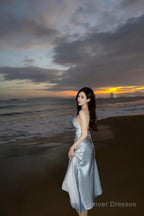 Modest A Line Strapless Light Sky Blue Backless Prom Dress