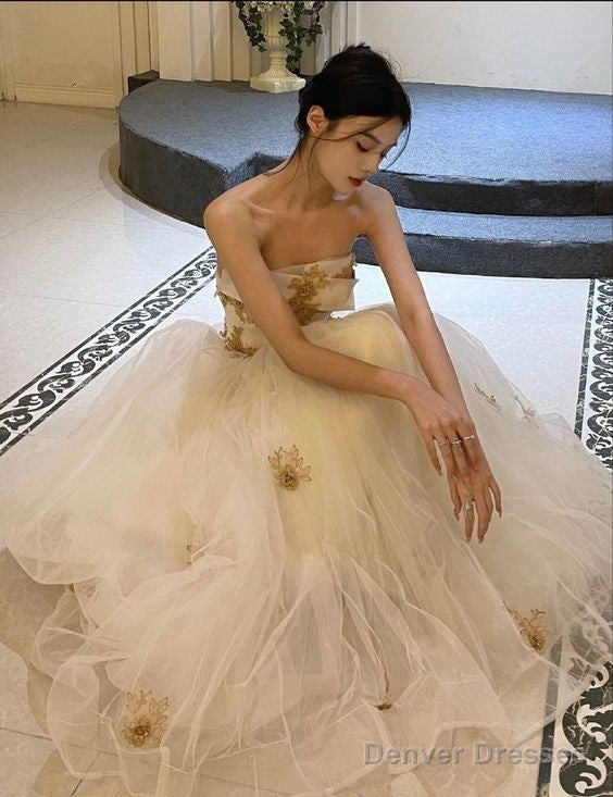 Modest A Line Strapless Long Champagne Tulle Prom Dresses Main image