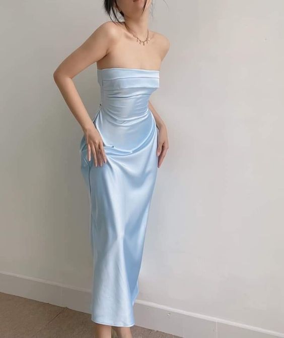 Modest A Line Strapless Long Light Sky Blue Satin Prom Dress