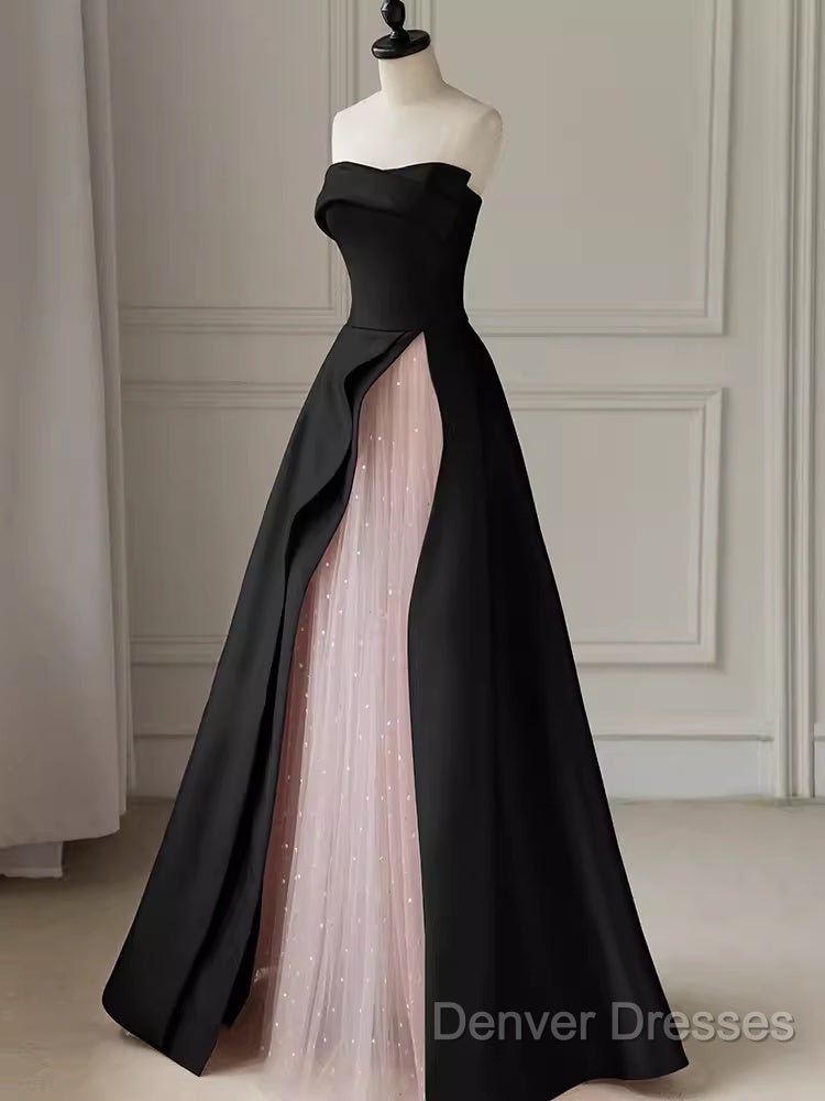 Modest A Line Strapless Long Satin Black Prom Dress Secondary image