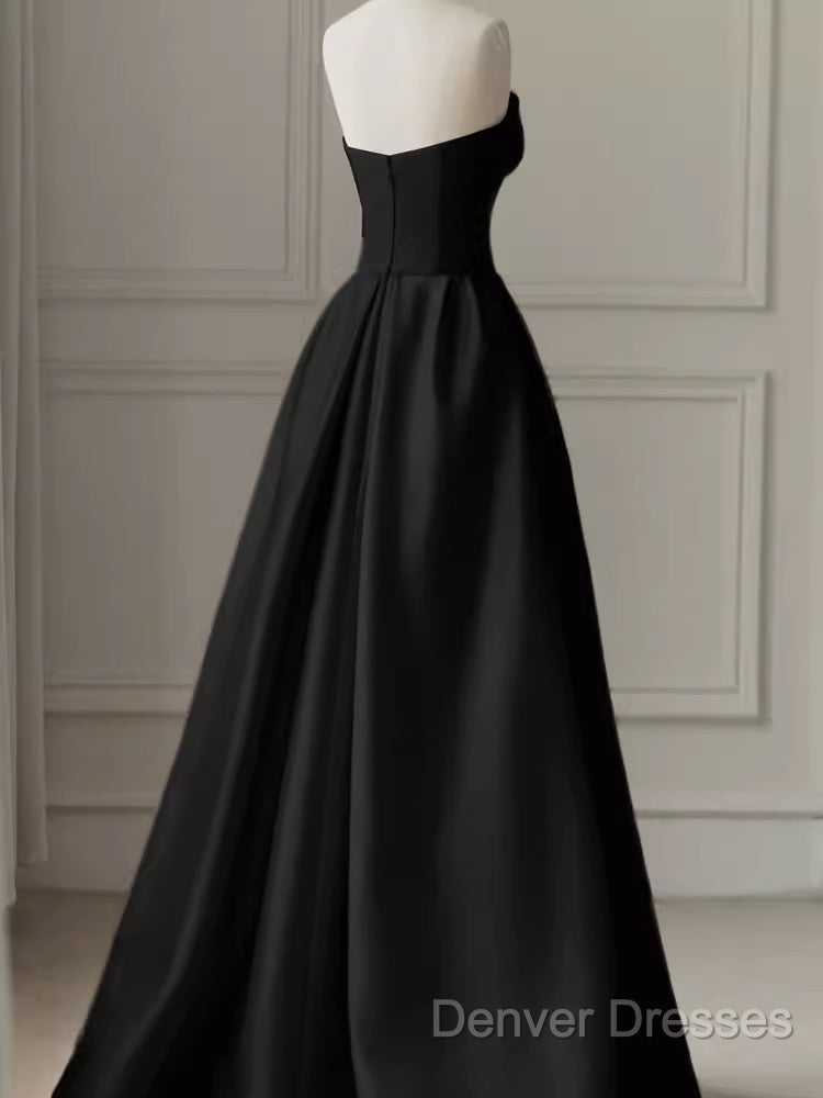Modest A Line Strapless Long Satin Black Prom Dress