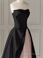 Modest A Line Strapless Long Satin Black Prom Dress