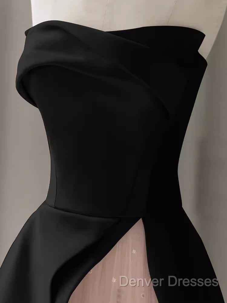 Modest A Line Strapless Long Satin Black Prom Dress