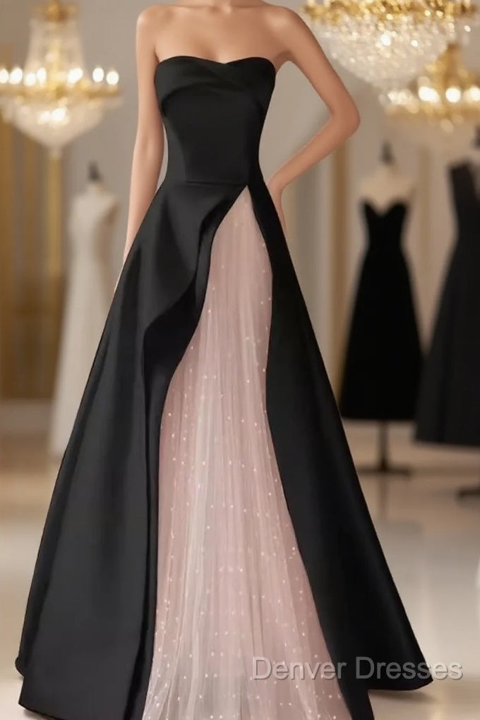 Modest A Line Strapless Long Satin Black Prom Dress Main image