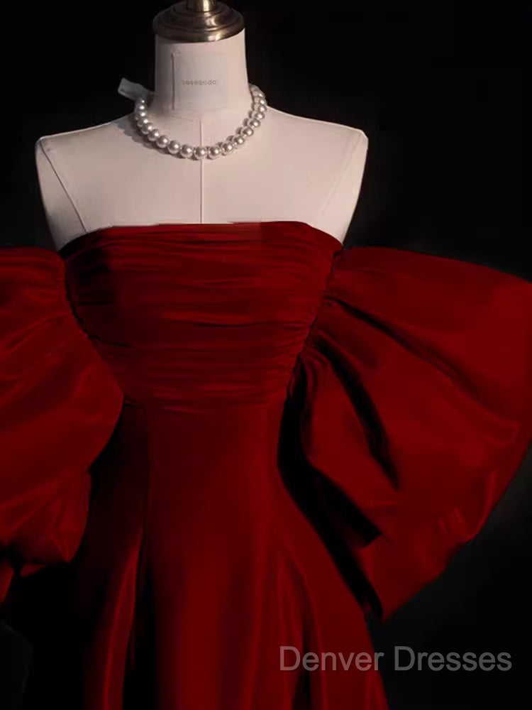 Modest A Line Strapless Long Short Sleeves Satin Red Prom Dress Secondary image