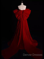 Modest A Line Strapless Long Short Sleeves Satin Red Prom Dress