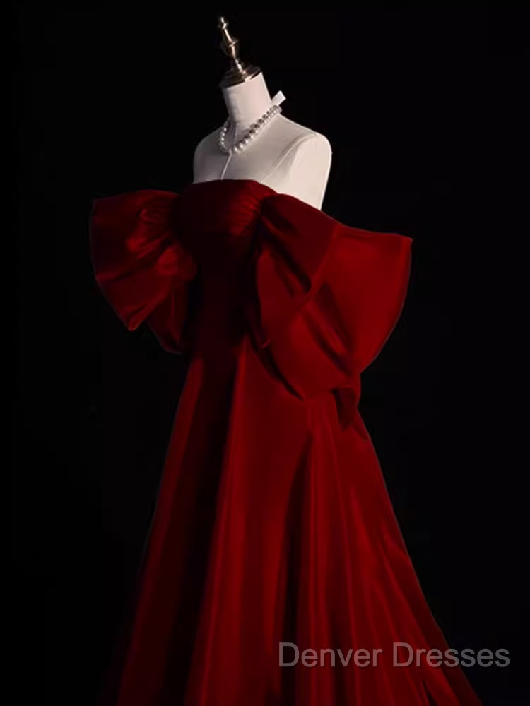 Modest A Line Strapless Long Short Sleeves Satin Red Prom Dress