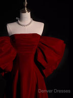 Modest A Line Strapless Long Short Sleeves Satin Red Prom Dress