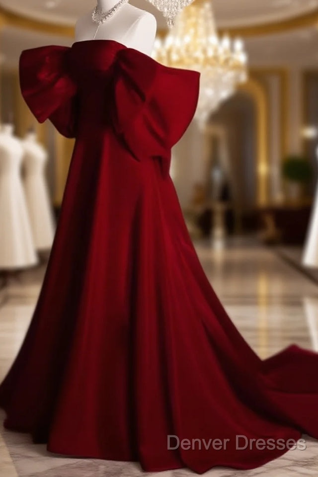 Modest A Line Strapless Long Short Sleeves Satin Red Prom Dress Main image