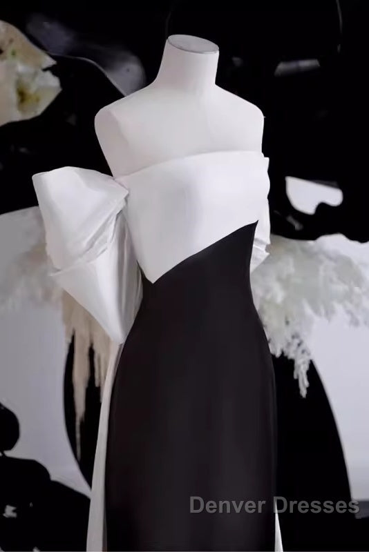 Modest A Line Strapless Long Sleeveless Satin Black Prom Dress