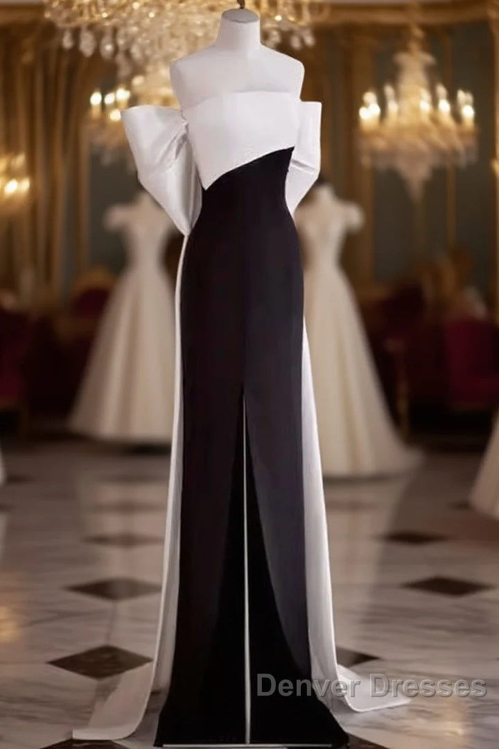 Modest A Line Strapless Long Sleeveless Satin Black Prom Dress