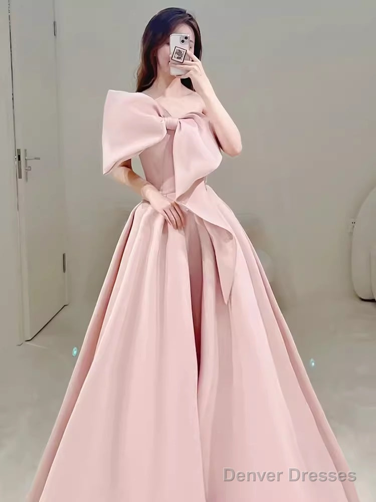 Modest A Line Strapless Long Sleeveless Satin Pink Prom Dresses Secondary image