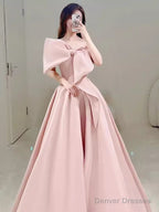 Modest A Line Strapless Long Sleeveless Satin Pink Prom Dresses