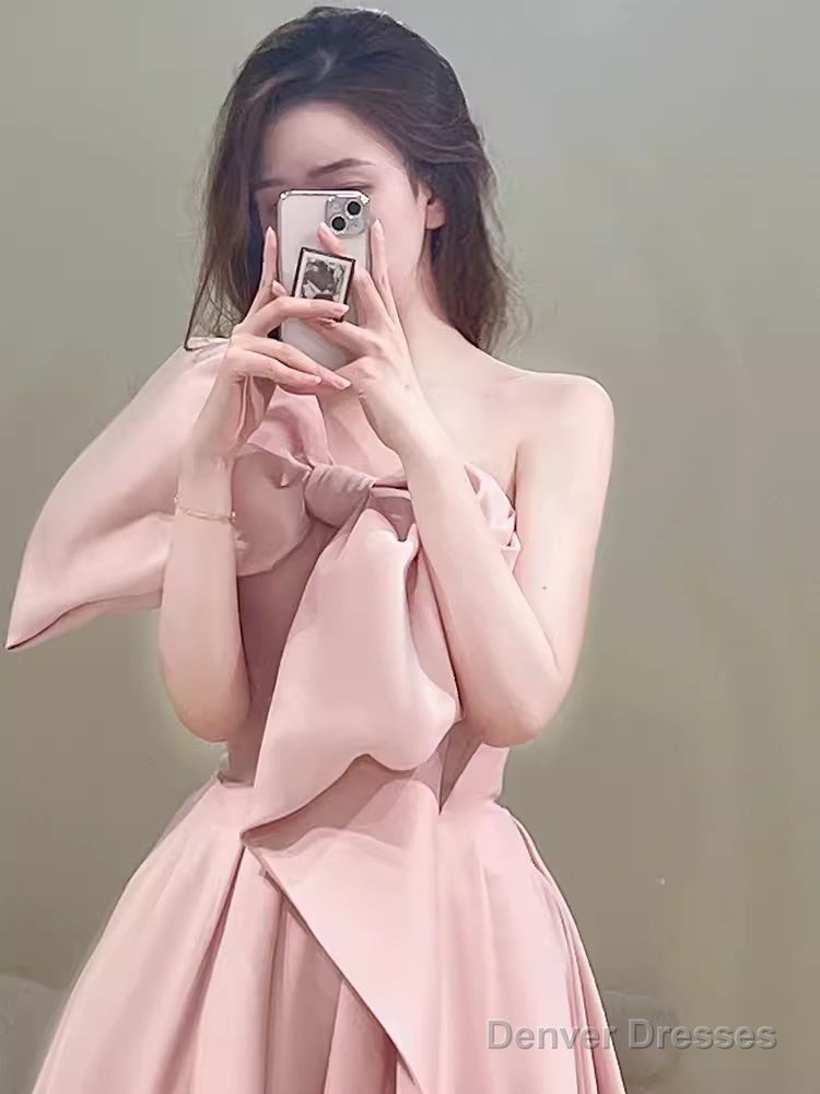 Modest A Line Strapless Long Sleeveless Satin Pink Prom Dresses