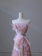 Modest A Line Strapless Pink Tulle Flowers Evening Dress Prom Dresses