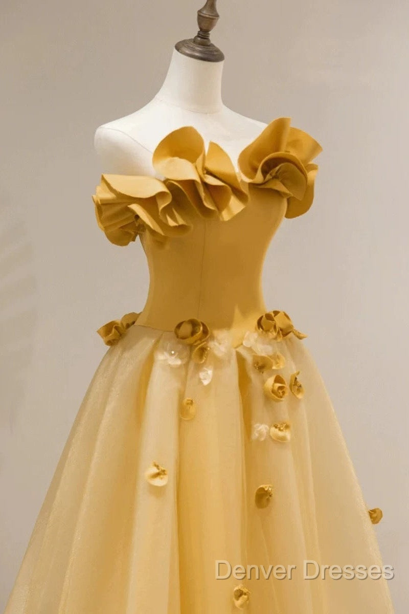 Modest A Line Strapless Yellow Tulle Long Prom Dress Party Dress Secondary image