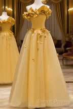 Modest A Line Strapless Yellow Tulle Long Prom Dress Party Dress