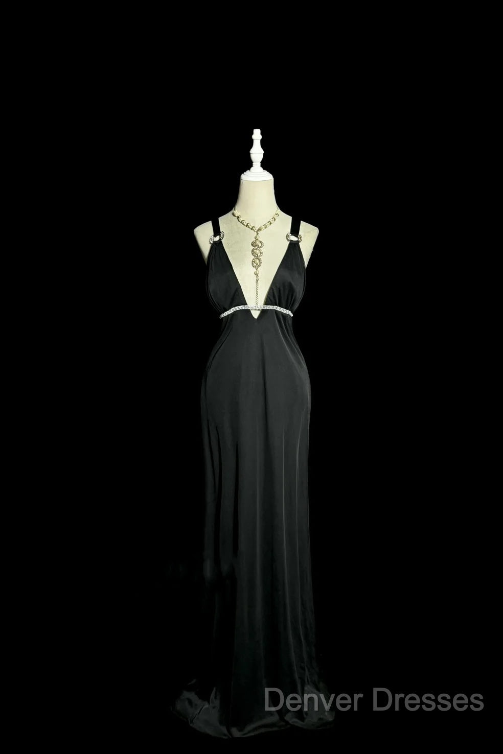 Modest A Line Straps Black Satin Long Prom Dress Party Dress