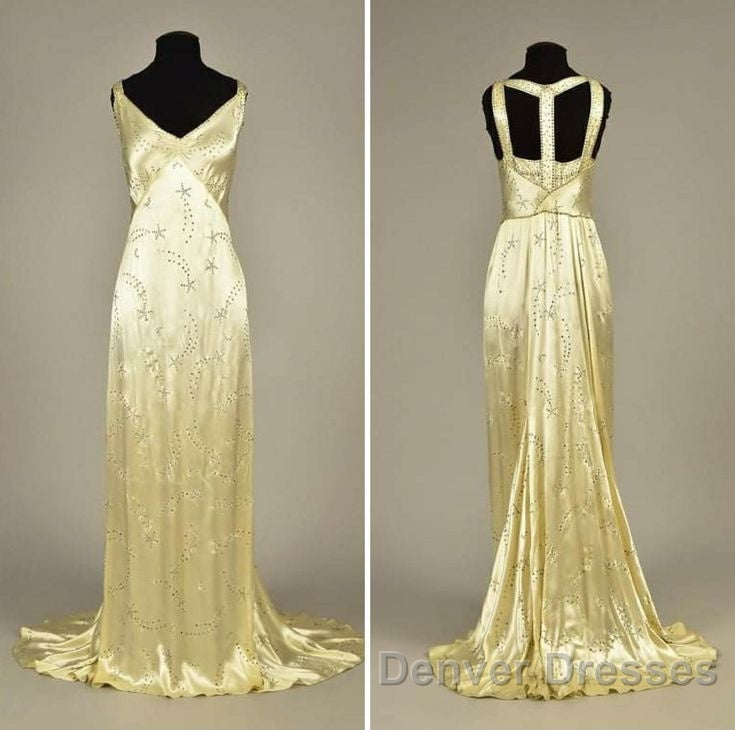Modest A Line V Neckline Yellow Satin Beads Long Party Dress Prom Dress Secondary image