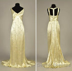 Modest A Line V Neckline Yellow Satin Beads Long Party Dress Prom Dress