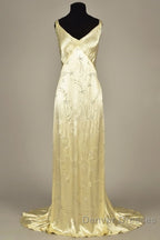 Modest A Line V Neckline Yellow Satin Beads Long Party Dress Prom Dress