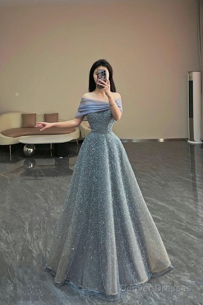 Modest Ball Gown Off The Shoulder Sequin Long Party Dress Gray Prom Dress Secondary image