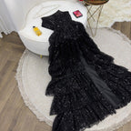 Modest Ball Gown Strapless Black Sequin Floor Length Slit Prom Dress Evening Gowns
